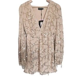 Pretty Little‎ Things Sequin Dress Size 2 Gold Champagne Long Sleeve Fringe